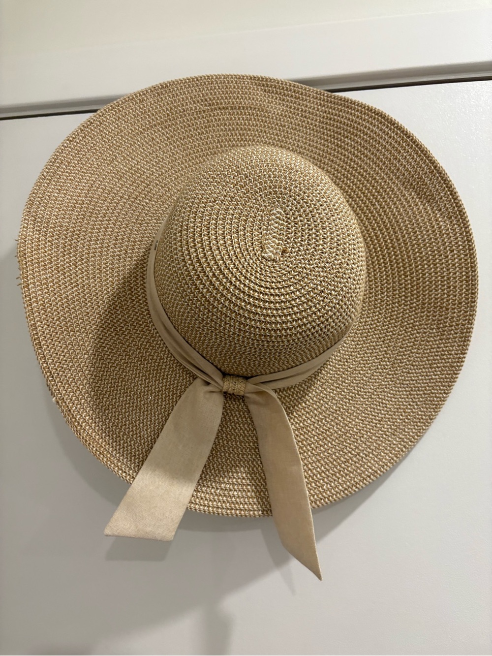 Wide Brim Sun Hat with Ribbon - Tan